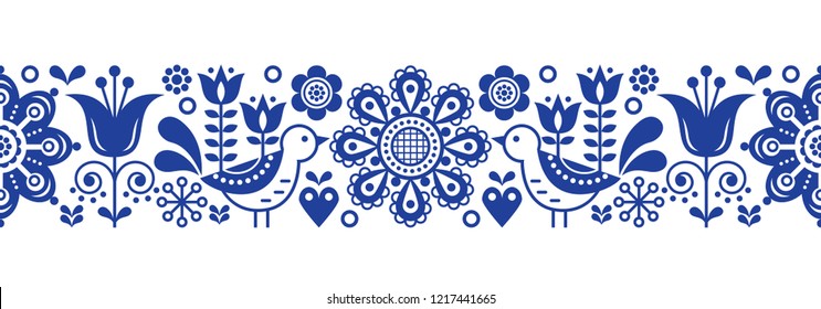 Scandinavian seamless vector pattern with flowers and birds, Nordic folk art repetitive navy blue ornament. Retro floral background inspired by Swedish and Norwegian traditional embroidery 

