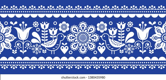 
	
Scandinavian seamless vector pattern with flowers and birds, Nordic folk art repetitive in white on navy blue. 
Retro floral background inspired by Swedish and Norwegian traditional embroidery 
  