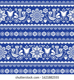 Scandinavian seamless vector pattern with flowers and birds, Nordic olk art repetitive white ornament on navy blue background. 
Retro floral background inspired by Swedish and Norwegian art