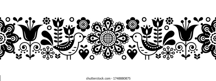 Scandinavian seamless vector pattern with flowers and birds, Nordic folk art repetitive black and white ornament. Retro monochrome floral background inspired by Swedish and Norwegian traditional art