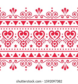Scandinavian seamless vector pattern folk art style, repetitive cute Nordic design with hearts, flowers, swirls and geometric shapes. Floral retro textile design, cute ornamental seamless background 
