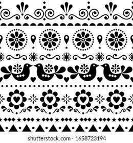 Scandinavian seamless vector pattern folk art style, repetitive cute Nordic design with birds in black on white background. Floral monochrome textile design, cute ornamental background with birds