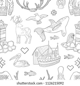Scandinavian seamless vector pattern. Lighthouse, deer, fish, pelican on white isolated background