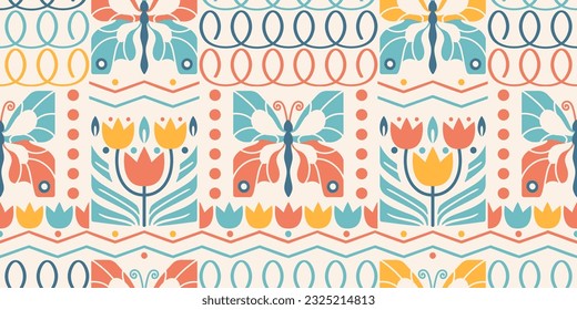 Scandinavian seamless wallpaper. Simple naive Nordic folk stylized mosaic. Pastel color tile print, patchwork or fabric. Nordic ornamental graphic.