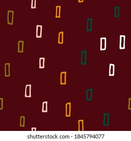 Patrón de burdeos de invierno sin mar escandinavo. Rectángulos verdes, rosados y de oro dibujados a mano sobre fondo rojo. Acogedor ornamento otoñal. Ilustración de doodle vectorial para papel de pared, papel de envoltura, textil, impresión
