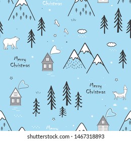 Scandinavian seamless winter hand drawn pattern with snow, trees, houses, foxes and child. Landscape ornamental background for wallpaper, pattern fills, printing on fabric, digital paper. Vector illus