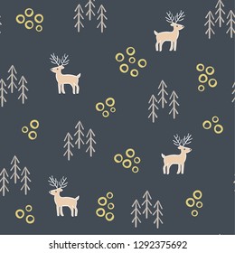 Scandinavian seamless winter pattern in pastel colors. Isolated elements like deer, trees etc., on a dark blue background. 