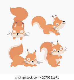 Scandinavian set of cute sleeping little squirrels. Hand drawn vector elements for nursery decoration, baby shower, birthday, children's party, poster, invitation, postcard, kids clothes