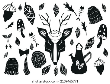 Scandinavian set. Deer, acorn, tree, log house, hat, axe, leaves, mushrooms, kettle, berries, cones, bones. Vector illustration of forest objects. Culture of Scandinavia. A hand-drawn drawing.