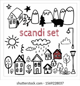 Scandinavian set with houses and mountains in vector