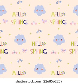 Scandinavian set of spring patterns with clouds, butterflies. Seamless spring cartoon pattern. Vector illustration design. Summer floral scandinavian nursery print design