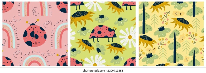Scandinavian set of spring patterns with flowers, ladybugs and rainbows. Seamless pattern with insects and sunflower. Vector illustration design. Summer floral scandinavian nursery print design