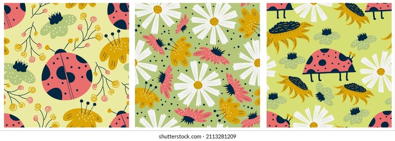 Scandinavian set of spring patterns with flowers, ladybugs and chamomile. Seamless pattern with insects and sunflower. Vector illustration design. Summer floral scandinavian nursery print design