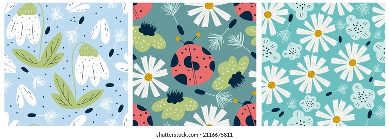 Scandinavian set of spring patterns with flowers, ladybugs and chamomile. Seamless pattern with insects and snowdrop. Vector illustration design. Summer floral scandinavian nursery print design