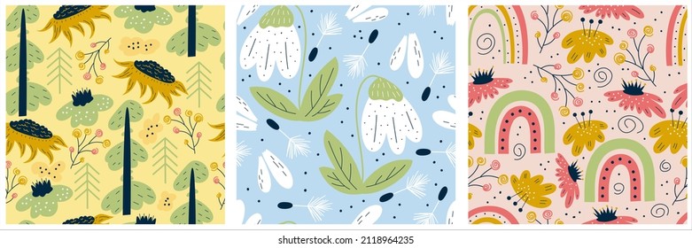 Scandinavian set of spring patterns with snowdrop, ladybugs and rainbow. Seamless pattern with insects and tree. Vector illustration design. Summer floral scandinavian nursery print design.