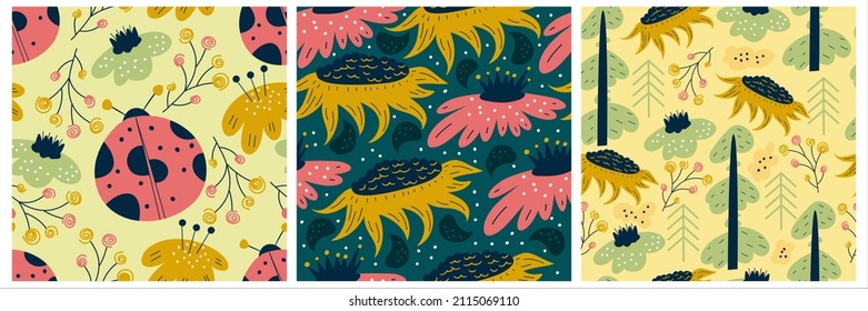 Scandinavian set of spring patterns with sunflowers, ladybugs and tree. Seamless pattern with insects and flower. Vector illustration design. Summer floral scandinavian nursery print design