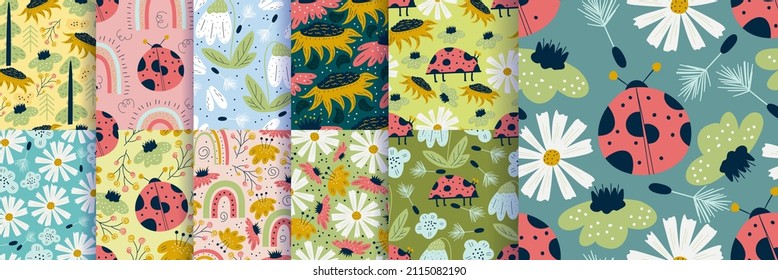 Scandinavian set of spring patterns with sunflowers, ladybugs and snowdrop, daisy. Seamless pattern with insects and flower. Vector illustration design. Summer floral scandinavian nursery print design