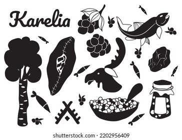 Scandinavian set. Vector illustration of forest objects. Culture of Scandinavia. A hand-drawn drawing. Karelia. Moose, trout pie, shungite, caviar, birch, fish, jam.