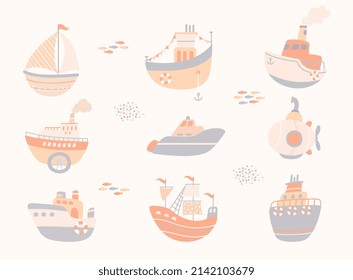 Scandinavian ship. Cruiser sailboat and kids submarine boat. Boy shirt print, cartoon flat ocean cute elements. Sea adventures, doodle baby toy nowaday vector set
