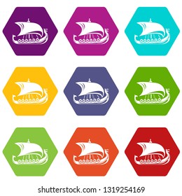 Scandinavian ship icons 9 set coloful isolated on white for web