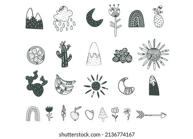 Scandinavian simple childrens elements set. Scandi style doodle plants, fruits, mountains, rainbow vector set. Simple design