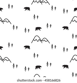 El sencillo estilo escandinavo de oso blanco y negro es un patrón sin fisuras. Silueta monocromática de osos, montañas y pinos.