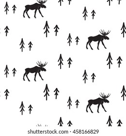 Scandinavian simple style black and white deer seamless pattern. Deers and pines monochrome silhouette pattern.