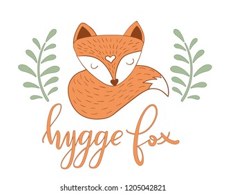 Scandinavian sleepy fox hygge style isolated on white background. Vector illustration.