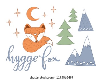 Scandinavian sleepy fox, trees and mountains hygge flat style isolated on white background. Vector illustration.