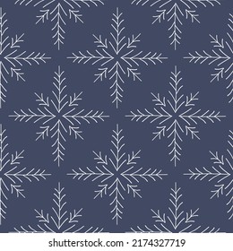 Scandinavian snowflakes seamless pattern. Navy blue background.