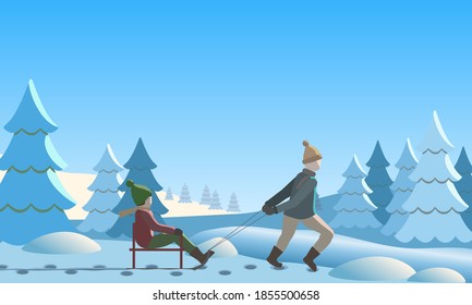 Scandinavian snowy winter landscape with two friends pulling a sled. Vector Illustration