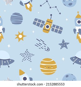 Scandinavian space adventure pattern. Cosmic retro seamless vector print for baby fabric and nursery wallpaper.