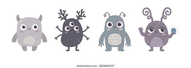 Scandinavian Space Alien Character Collection with Gray, Purple and Black Creatures