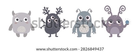 Scandinavian Space Alien Character Collection with Gray, Purple and Black Creatures