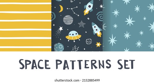Scandinavian space patterns set. Collection of cosmic vector prints for baby textile and fabric.