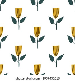 Scandinavian spring flower Vector kids seamless background pattern for baby shower, textile design. Simple texture for nordic wallpaper, fills, web page background.