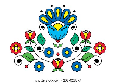 Scandinavian spring folk art vector design inspired by traditional embroidery patterns from Sweden, retro decoration with flowers, swirls and leaves motif. Nordic and Scandi style greeting card 