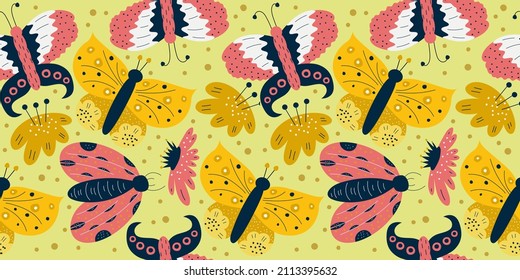 Scandinavian spring seamless pattern with butterfly and moth on yellow background. Red insect with wings and flowers. Seamless colorful pattern for baby textile