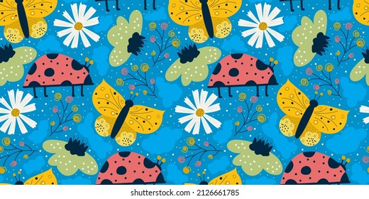 Scandinavian spring seamless pattern with butterfly, ladybug and daisy on blue background. Yellow and red insect with wings, flowers. Seamless colorful pattern for baby textile