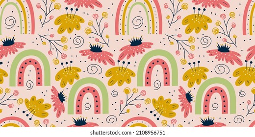 Scandinavian spring seamless pattern with rainbows, flowers and branches.Pastel pink minimalistic pattern. Flat vector illustration