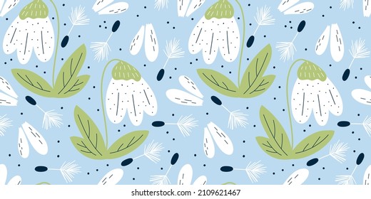 Scandinavian spring seamless pattern with snowdrop, flowers with petals and dandelion. Spring minimalistic pattern. Flat vector illustration.