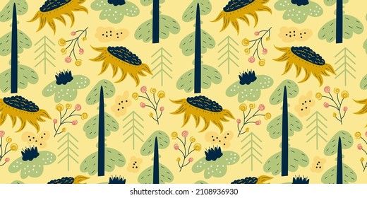 Scandinavian spring seamless pattern with sunflower, flowers and trees.Forest minimalistic pattern. Flat vector illustration