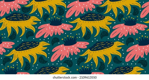 Patrón fluido de primavera escandinava con girasol, flores. Patrón minimalista de primavera sobre fondo verde. Ilustración vectorial plana