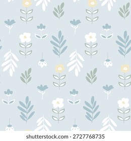 Um padrão floral sem emenda inspirado na primavera escandinava com fundo azul suave, flores claras e elementos botânicos mínimos. Perfeito para papel de parede, tecido e desenhos nórdicos modernos.