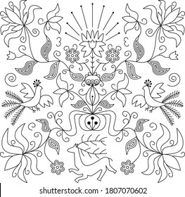 Scandinavian Square Black and White Floral Folk Art Pattern with Primitive Flowers, Fairy Birds and Deer on White Background. Design concept for pillow print, embroidery, wall art