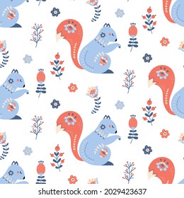 Scandinavian squirrel seamless pattern. Cute folk forest animals nursery print. Baby floral wallpaper in nordic style. Folklore texture. Vector background for fabrics, textile, and wrap paper. 