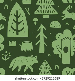 Padrão de floresta de selo escandinavo. Impressão de vetor sem costura doodle com floresta.