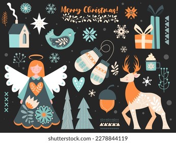 Scandinavian stickers set. Collection of graphic elements for website. Mittens, angel and deer, walnut and Christmas trees, house. Cartoon flat vector illustrations isolated on black background