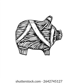 Scandinavian straw pig with festive ribbons monochrome vector illustration. Julgrise line art black ink sketch for Nordic holiday packaging, Christmas rustic decor. Symbol of prosperity and luck.