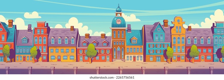 Scandinavian street with traditional architecture. Vector illustration of contemporary cartoon style houses with chimneys, town hall tower with old windows, doors, trees on embankment under blue sky